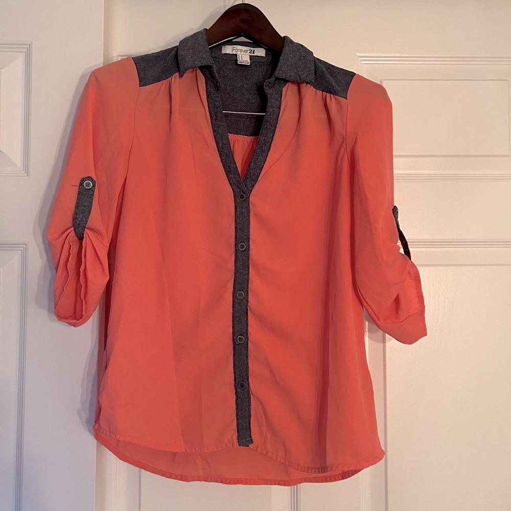 Peach button up blouse with denim detail